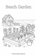 Beach Garden black-and-white coloring page with a raised bed of vegetables and flowers