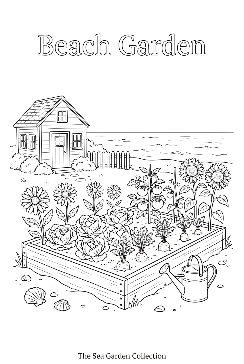 Beach Garden black-and-white coloring page with a raised bed of vegetables and flowers