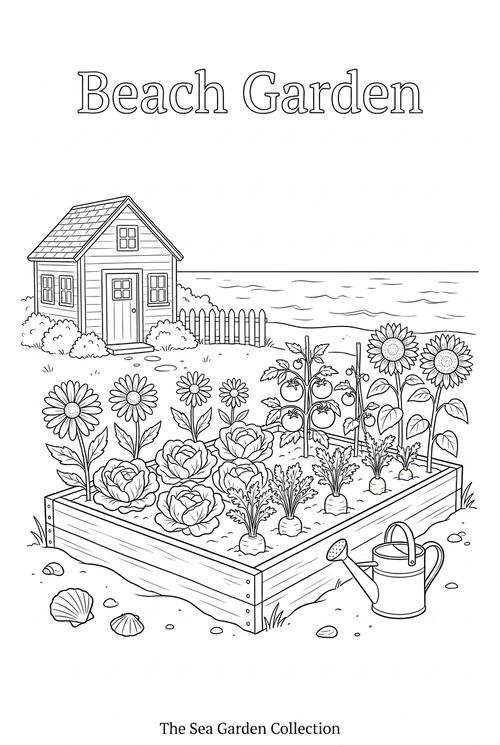Beach Garden black-and-white coloring page with a raised bed of vegetables and flowers