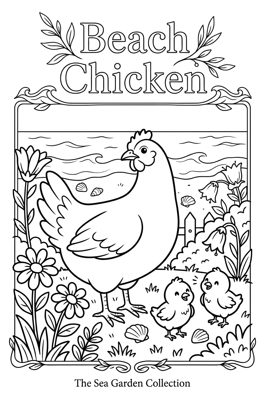 Beach Chicken printable coloring page from The Sea Garden Collection
